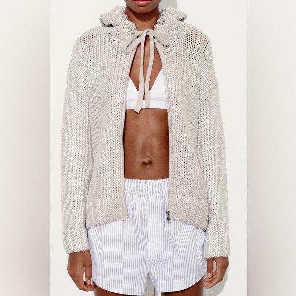 ZARA COTTON ZIP UP CARDIGAN SWEATER with HOOD RETRO MODERN CHIC Beige Silver L - Picture 7 of 11